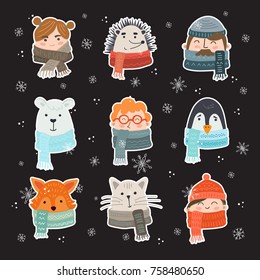 Vector set of cute winter animals and people stickers isolated on background. Big set with girls, woman, man, bear, penguin, cat, fox hand drawn designs. Xmas, christmas design.
