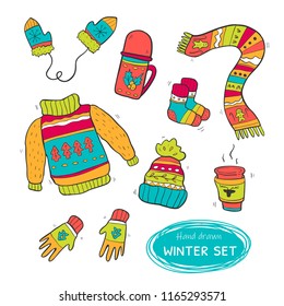 Vector set of cute winter clothes. Sweater, socks, hat, mitten, scarf.