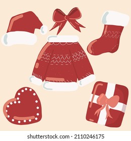 Vector set of cute winter clothes: sweaters, socks, hats, mittens, scarf. Christmas icon set