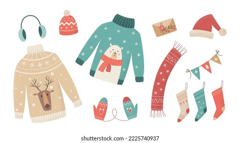 Vector set of cute winter clothes: sweaters, socks, hats, mittens, scarf. Christmas ugly sweaters. Traditional knitted clothes with different prints. Winter greeting card. Happy New Year.