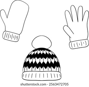 Vector set of cute winter clothes hat, mittens, gloves. Collection of graphic line illustrations on transparent background, isolated