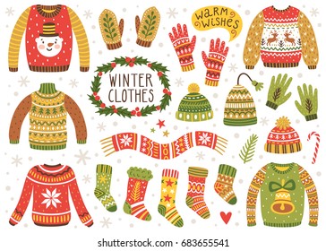 Vector Set Of Cute Winter Clothes: Sweaters, Socks, Hats, Mittens, Scarf. Collection Of Ugly Sweaters With Norwegian Ornaments.