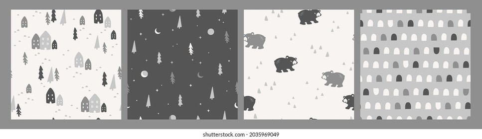 Vector set of cute winter seamless patterns. Nature, trees, houses, bears. Trendy hand drawn texture. Design for textile, wall art, wrapping paper, wallpaper and other uses.