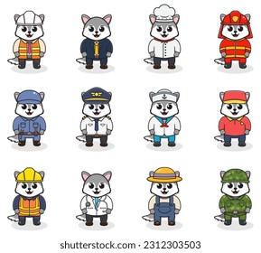 Vector set of cute Wolf with different professions. Cartoon cute Wolf dressed in different occupation uniform. Vector characters with jobs different occupation.