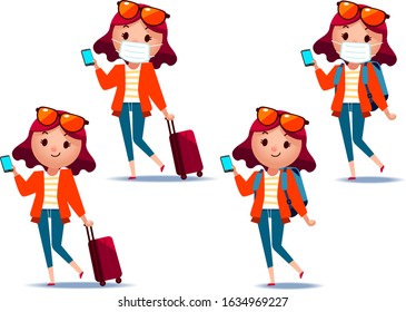 Vector set of cute women tourist characters using smartphone and carrying luggage and backpack 