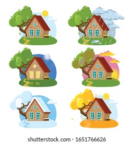 Vector set of cute wooden house in different seasons: summer, autumn, winter and in different weather: sunny days, rainy, night, evening, morning, sunset, sunrise. Isolated on white background