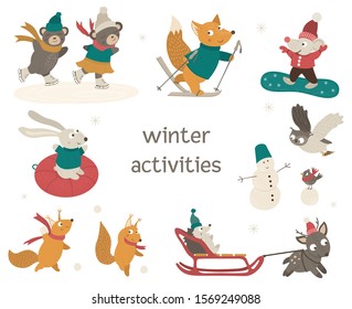 Vector set of cute woodland animals doing winter activities. Funny forest characters with ski, skates, sleigh, snowboard, snowman