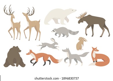 Vector set of cute woodland animals. Deer, Polar bear, raccoon, moose, hare, fox, wolf, brown bear, rabbit, elk. Wildlife forest, nature. Cute cartoon fauna