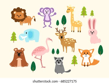 vector set of cute woodland animals and tree.