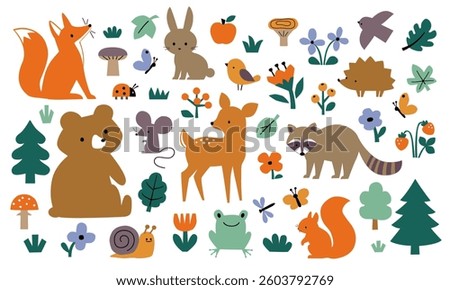 Vector set of cute woodland animals, birds, trees, mushrooms, flowers and leaver in cartoon naive style isolated on white background.