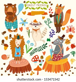 Vector Set of Cute Woodland and Forest Animals. Bear, hedgehog, fox, wolf, raccoon,mosquito, snail, butterfly.(All objects  are isolated groups so you can move and separate them)