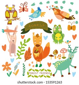 Vector Set of Cute Woodland and Forest Animals.Squirrel,rabbit, nightingale, frog, deer, owl, bird, ,butterfly.(All objects  are isolated groups so you can move and separate them)