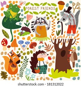 Vector Set of Cute Woodland and Forest Animals. Squirrel, frog, woodpecker, hedgehog, wolf, raccoon, butterfly.(All objects are isolated groups so you can move and separate them)