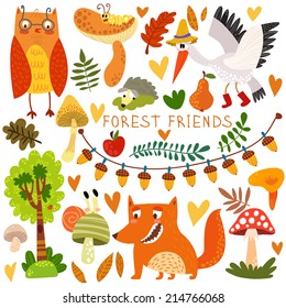 Vector Set of Cute Woodland and Forest Animals. Owl, fox, snail, crane,hedgehog, snail, worm.(All objects are isolated groups so you can move and separate them)