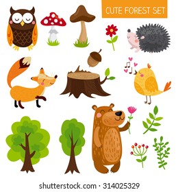 Vector Set of Cute Woodland and Forest Animals. Bear, hedgehog, fox, bird, owl, trees, flowers.(All objects are isolated groups so you can move and separate them)