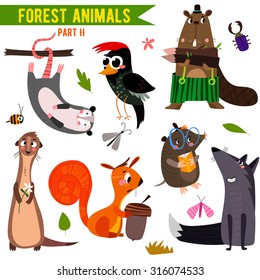 Vector Set of Cute Woodland and Forest Animals. Part II: opossum, beaver, wolf,mole, squirrel, woodpecker,ferret.
(All objects are isolated groups so you can move and separate them)
