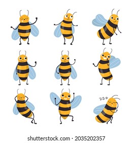 Vector set of cute yellow cartoon bees in different poses on a white background. Nature, animal, insect. Flat vintage illustration.