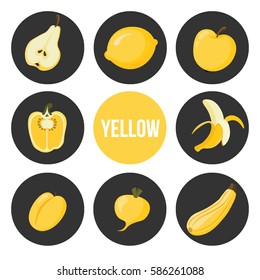 Vector set of cute yellow color fruits and vegetables: pear, lemon, apple, pepper, banana, apricot, beetroot, zucchini. You can use for food icon, background, labels, card banner or sticker.
