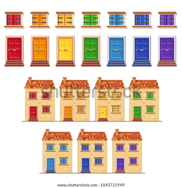 Vector Set Cute Yellow Houses Red Stock Vector Royalty Free