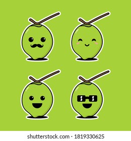 Vector set of cute young coconuts with different facial expressions