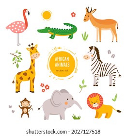 Vector Set Of Cute Young Wild African Animals. Isolated On White Background Funny Cartoon Baby Lion, Giraffe, Zebra, Elephant, Monkey, Antelope, Crocodile And Flamingo