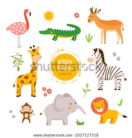Vector set of cute young wild African animals. Isolated on white background funny cartoon baby lion, giraffe, zebra, elephant, monkey, antelope, crocodile and flamingo