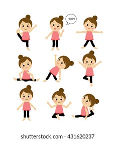 Vector Set of cute young woman exercising with different yoga poses training
