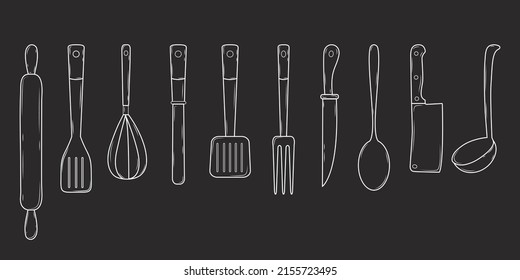 Vector set of cutlery. Ladle, whisk, rolling pin, various knives, kitchen shovels. Hand drawn vector illustration. Kitchen utensils