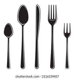 Vector set of cutlery silhouette in black color, isolated, on white background