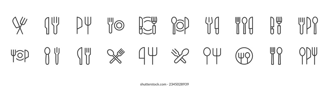 Conjunto vectorial de iconos de línea delgada de cubiertos. Diseño de pictogramas de infarto cerebral. Signos del calendario aislados en un fondo blanco