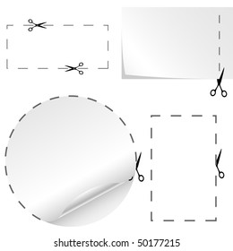 Vector set of cutoff paper coupons with scissors sign.