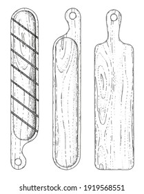 Vector set of cutting boards for baguette. Hand-drawn sketches engraving style. Collection of wooden tableware. Isolated objects on a white background