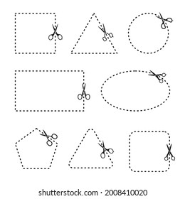 Vector Set Of Cutting Scissors. scissors with cut lines, square, triangle, pentagon, rectangle