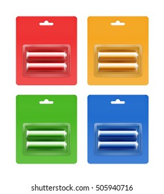 Vector Set of Cyan Blue Red Green Yellow Golden Glossy Alkaline AA Batteries in Cyan Blue Red Green Yellow Orange Blister Packed for branding Close up Isolated on White Background
