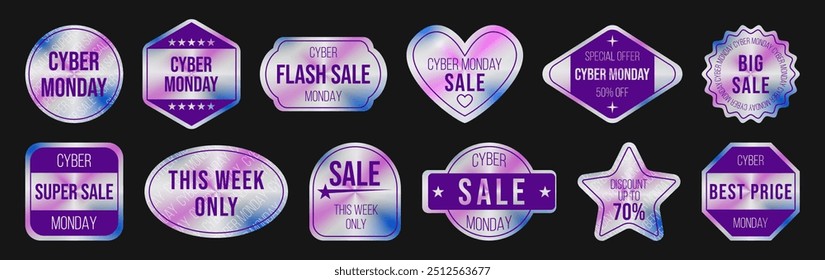 Vector set of Cyber Monday stylish holographic labels. Rainbow stickers, tags of various shapes for online sale, e-commerce, and advertisement. 