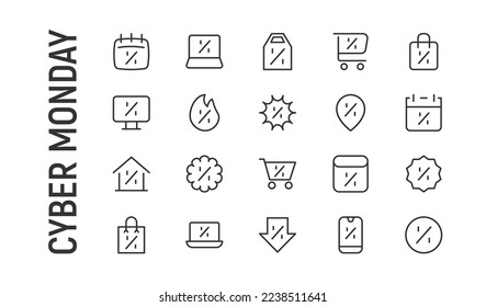 Vector set of cyber monday thin line icons. Design of 20 stroke pictograms. Signs of cyber monday isolated on a white background.
