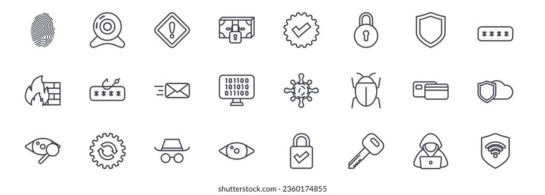 Vector set of cyber security icons. such as secure fingerprint, verification, shield and more. Set for Web and App Isolated on White Background. Vector illustration