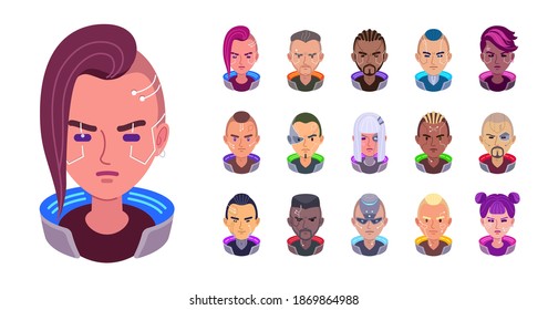 Vector set of the cyberpunk avatars. Futuristic girls and men with a different implants. Customized portraits of a cyborgs. Heads are augmented with a thin facial bionic parts. Cute sci-fi fashion.