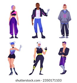 Conjunto de vectores del ciberpunk, mujeres y hombres futuristas con diferentes implantes. Caricatura de jóvenes con un diagrama en su cara. Ilustración aislada de Cyberpunk, ciborgs de gente del ciberpunk