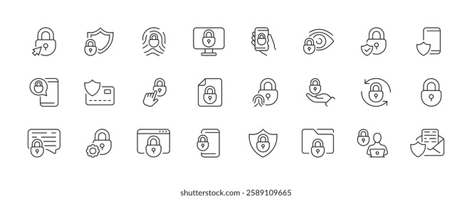 Vector set of cybersecurity icons: lock, privacy, and data protection symbols.