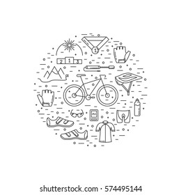 Vector set of Cycling icons in trendy linear style made in a shape of circle. Cycle race sport elements 