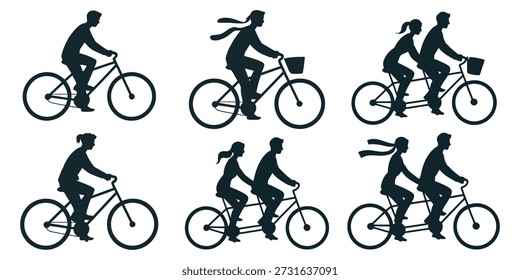 Vector set of cyclist silhouettes. Collection of black figures riding bicycles including solo men, women and romantic couples on tandem bikes isolated on white background.