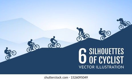 Vector set of cyclist silhouettes. A man rides a mountain bike with a backpack and in a helmet. The guy on the bike does tricks. Freestyle. The tourist goes down or goes up. Graphic Design Elements