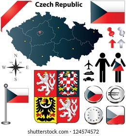 Vector set of Czech Republic country shape with flags, buttons and icons isolated on white background