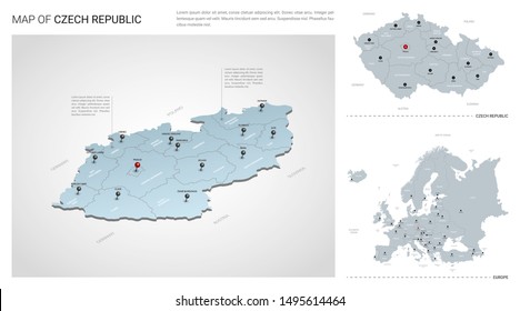 Vector set of Czech Republic country.  Isometric 3d map, Czech Republic map, Europe map - with region, state names and city names. 