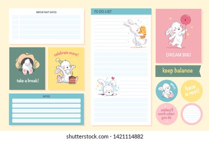 Vector set of daily calendar planner page, card, stickers design template for children. Cute hand drawn little bunny character, motivation sayings. Flat lay, pastel colors. Back to school equipment.