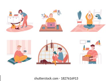 Vector set of daily life routine situations. Woman and man life at home, isolated characters illustration. Yoga and meditation, reading book, working with laptop computer, vacuum cleaner, coffee
