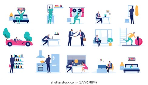 Vector set of a daily routine of a busy businessman 