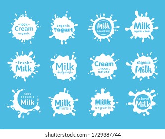 Vector set of dairy and milk product logos, emblem, icon, label with splashes drops and blots. Fresh natural food. Organic Production Package. Design elements for grocery, farm, agriculture store