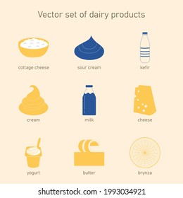 Vector set of dairy products. Collection of icons cottage cheese, sour cream, kefir, cream, milk, cheese, yogurt, butter, feta cheese.